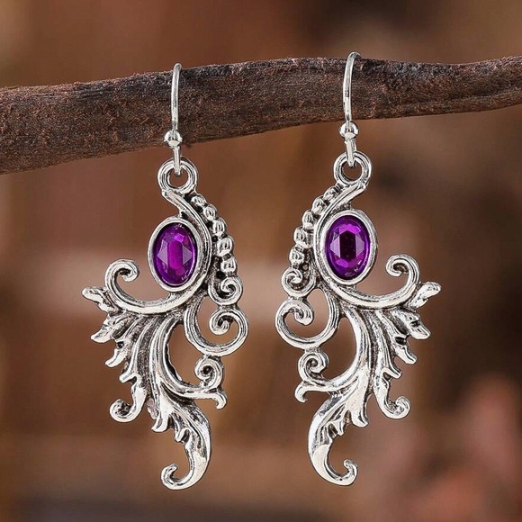 Any 4/$25! Silver Purple Crystal Embellished Boho Drop Earrings - Picture 1 of 6